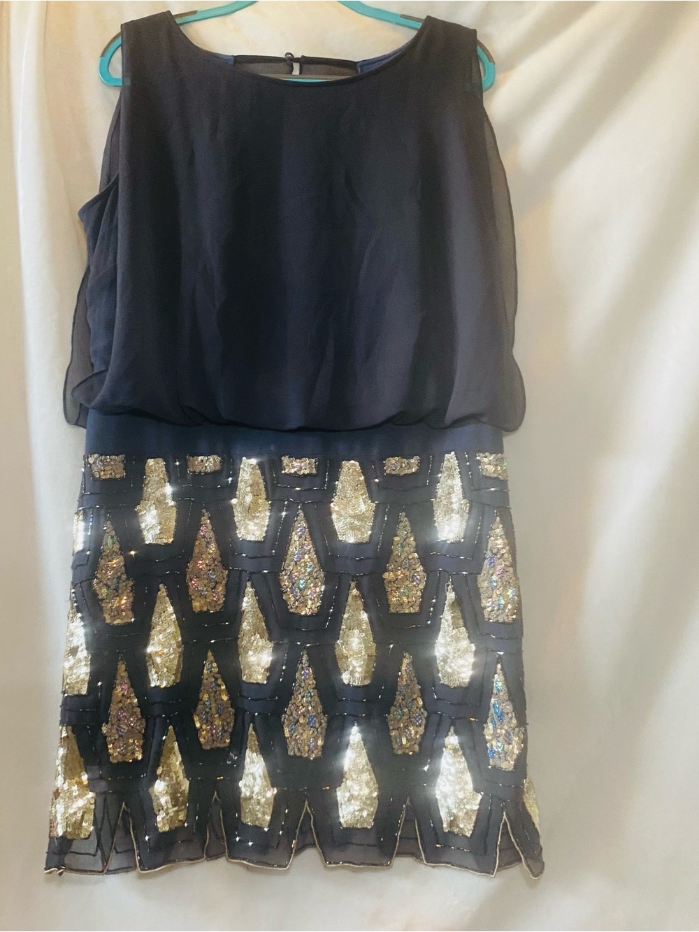 Betsy & Adam Gold Sequins Blue Gray Shimmer Dress Size 14